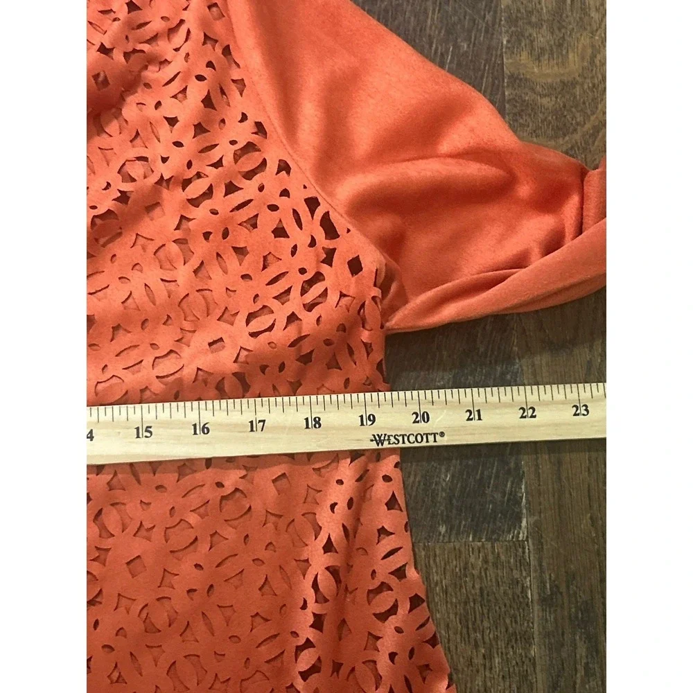 Chicos Size 0 (small)Orange Laser Cut Perforated Drape Front Faux Suede Jacket